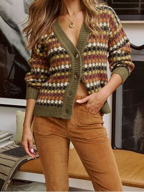 VICI Green Abstract Knit Cardigan Small Wool Blend Multicolor Cozy Boho Chic
